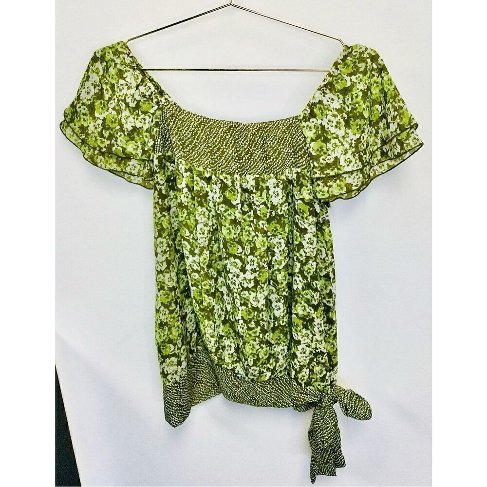 Apt. 9  Womens‎ Green Chiffon Off The Shoulder Floral Top Blouse Medium